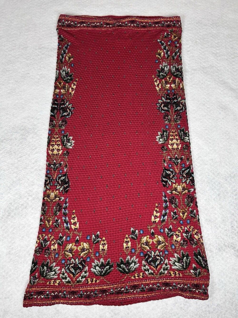 Farm Rio Anthro Midi Skirt M Red Floral Stretch Waffle Knit Boho Festival Artsy
